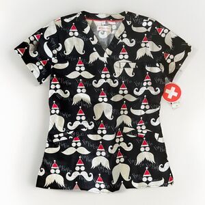 White Cross Scrub Top Santa Clause Christmas Ho Ho Ho Holiday Womens XS NEW